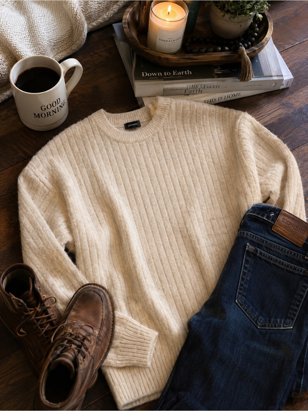 Express Men's Cream Ribbed Crew Neck Sweater NWT Size Large - Picture 2 of 10